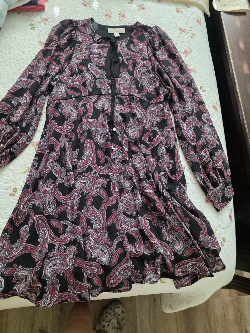 MICHAEL Michael Kors Black Dress with Pink Paisley Print - Long Sleeve Tie Neck